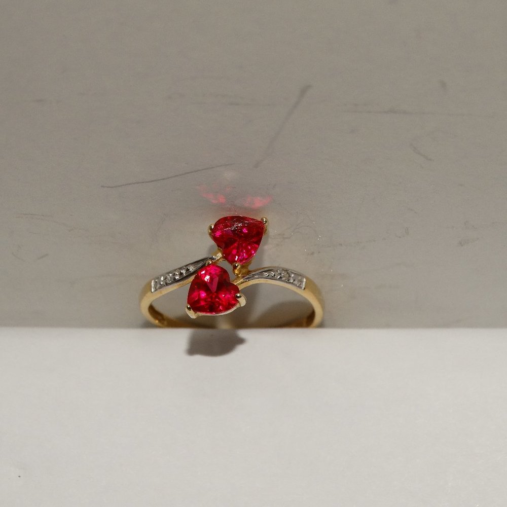 COPY - 10k Yellow Gold Double Red Ruby Hearts Ring.